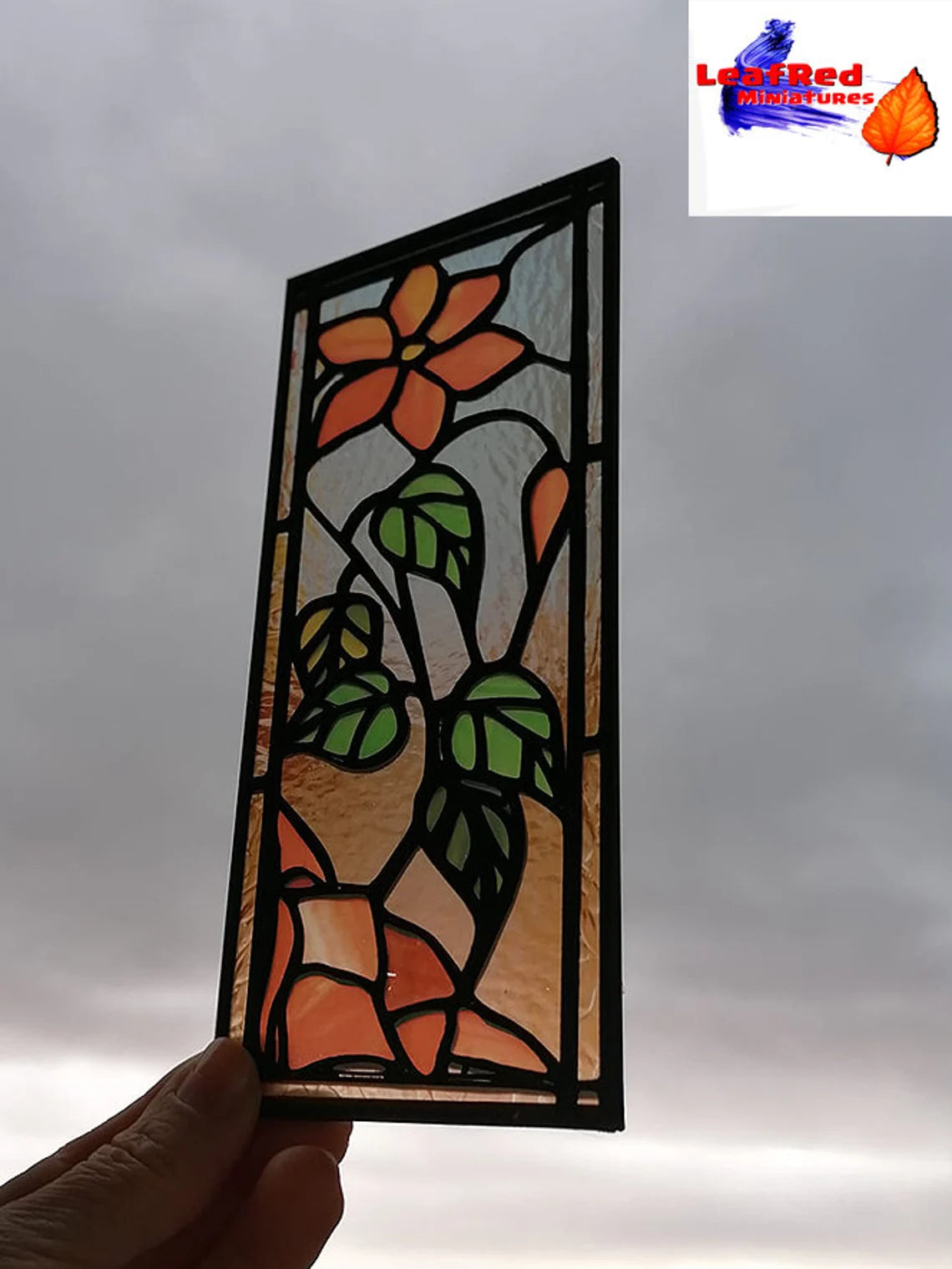 Miniature Stained Glass Window panel ORANGE FLOWER Model. Custom size. Mini Stained Glass Dollhous. Dioramas, Scenes, gifts, cakes, desk decoration.