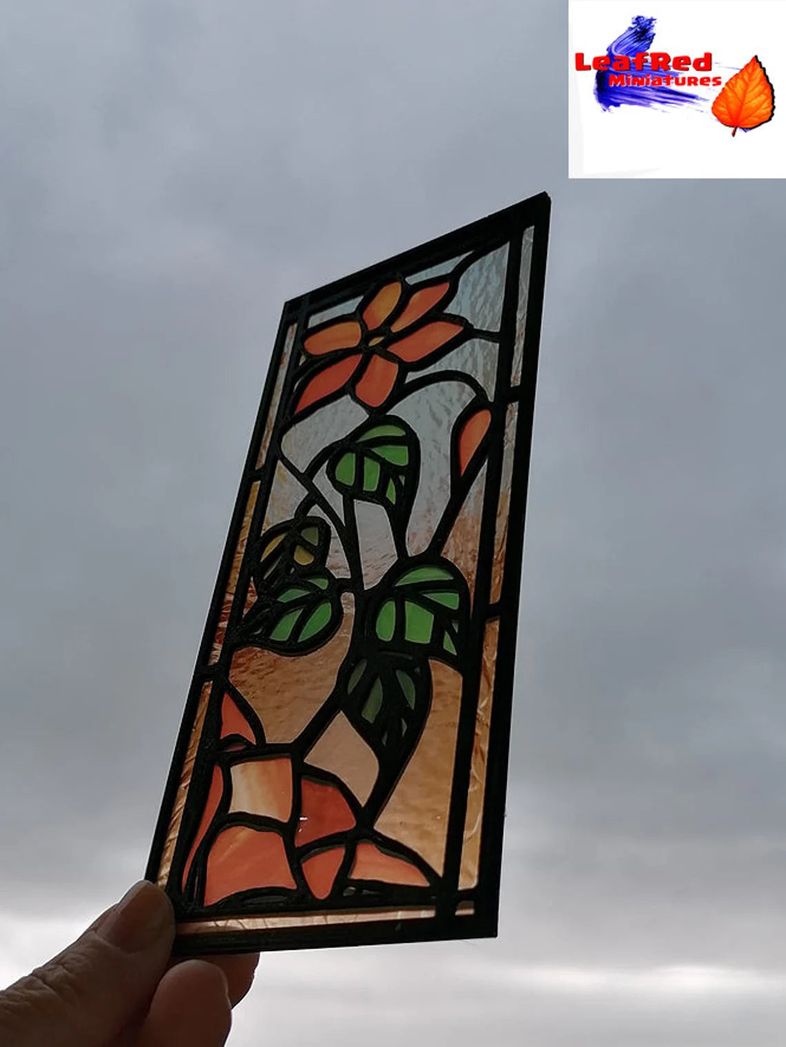 Miniature Stained Glass Window panel ORANGE FLOWER Model. Custom size. Mini Stained Glass Dollhous. Dioramas, Scenes, gifts, cakes, desk decoration.