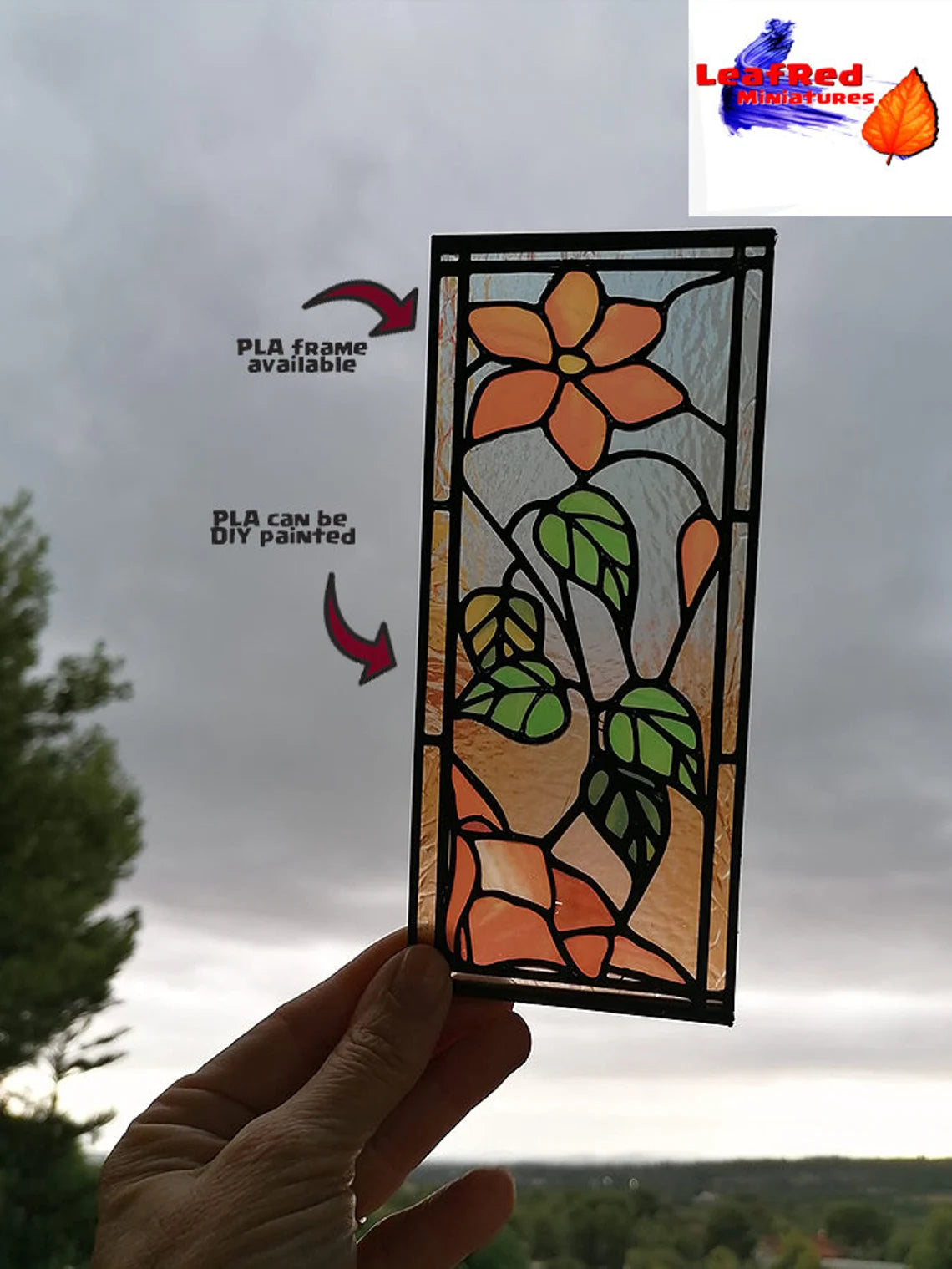 Miniature Stained Glass Window panel ORANGE FLOWER Model. Custom size. Mini Stained Glass Dollhous. Dioramas, Scenes, gifts, cakes, desk decoration.
