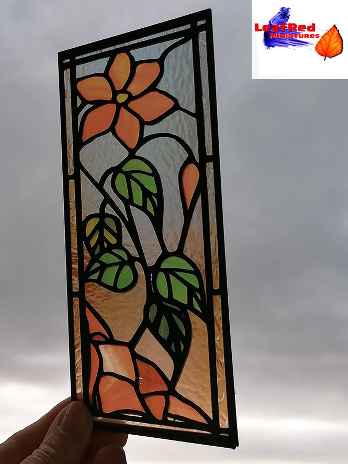 Miniature Stained Glass Window panel ORANGE FLOWER Model. Custom size. Mini Stained Glass Dollhous. Dioramas, Scenes, gifts, cakes, desk decoration.