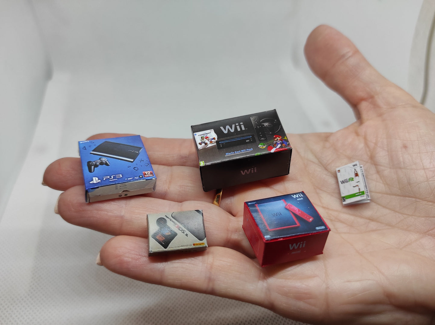 Miniature vintage console boxes. Artisan Handmade. Wii, PS4, PS5, N3DS and PS5