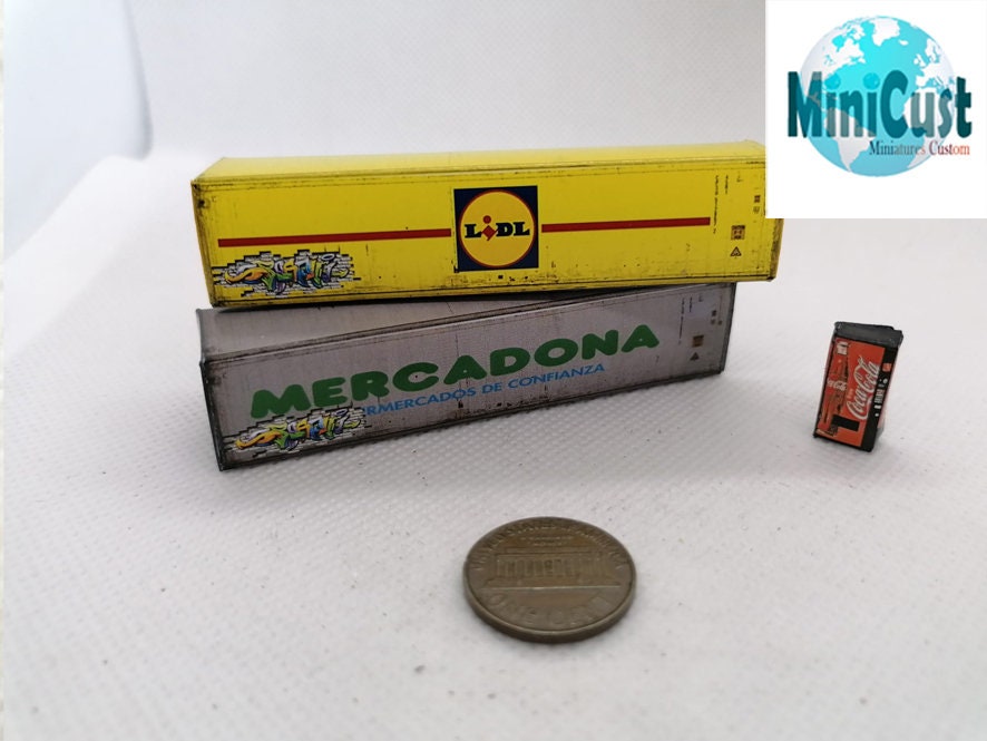 2 Container 40ft LIDL MERCADONA & 1 Vending machine, Artisan Handmade. N gauge railways , dioramas, gifts, cakes.
