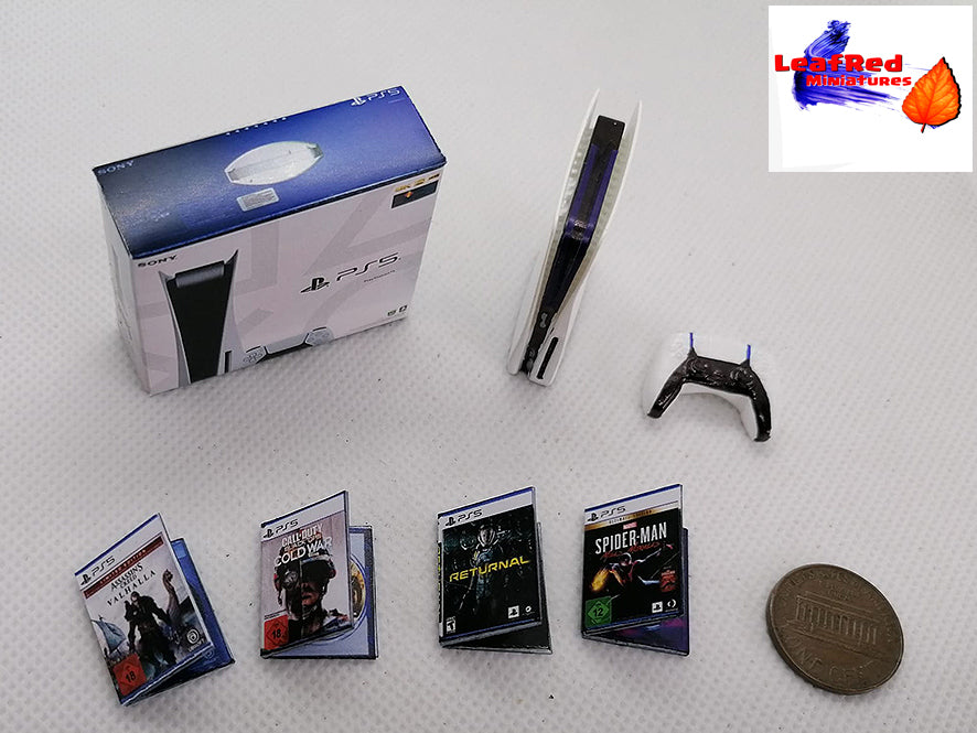 PS5 Fan Art Miniature console with 1 controllers and box. Miniature 3D