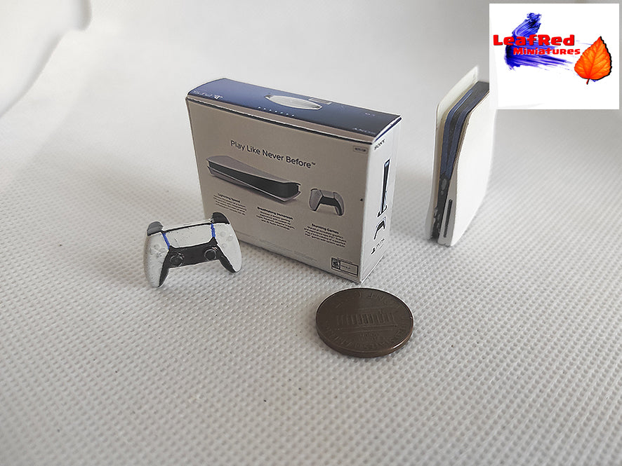 PS5 Fan Art Miniature console with 1 controllers and box. Miniature 3D