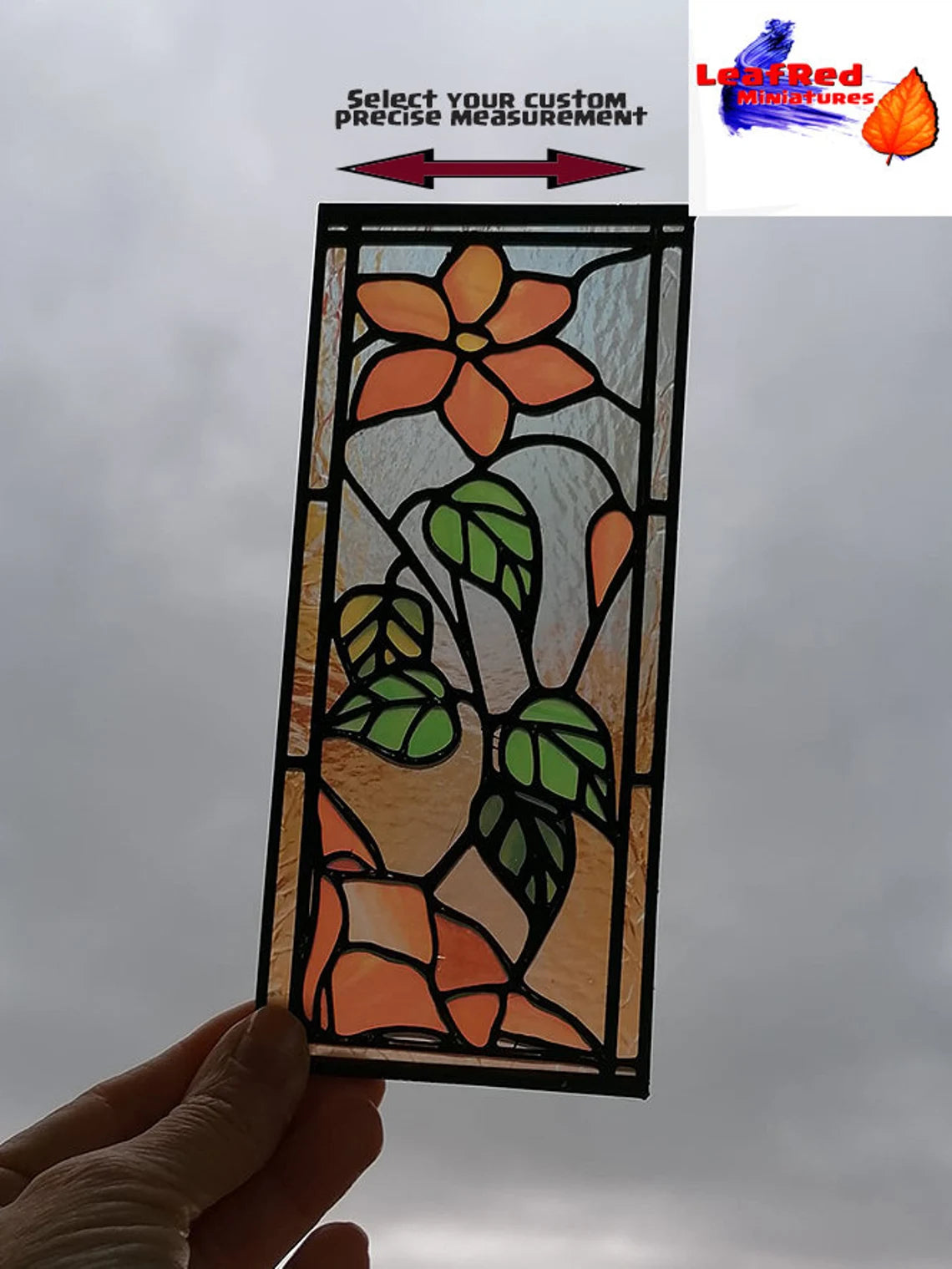 Miniature Stained Glass Window panel ORANGE FLOWER Model. Custom size. Mini Stained Glass Dollhouse. Custom size. Dioramas, Scenes, gifts, cakes, desk decoration.