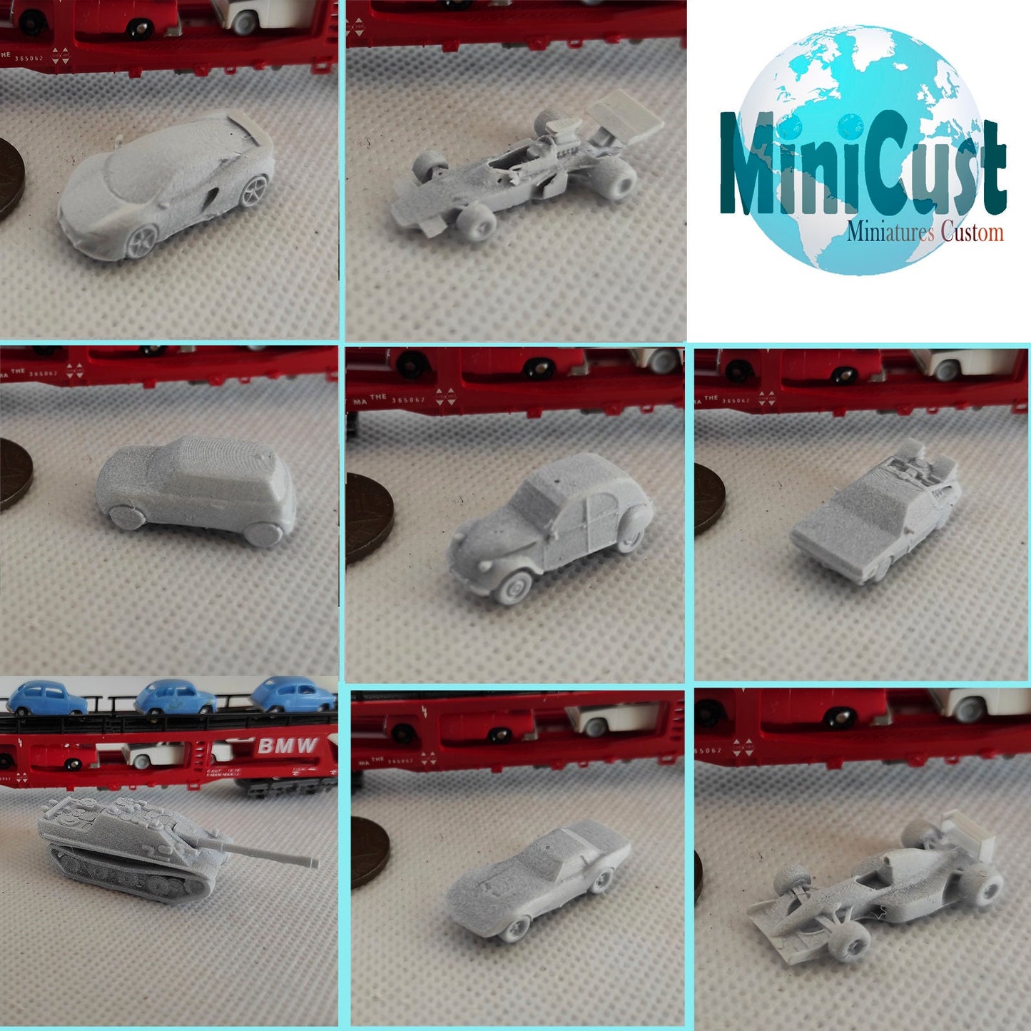 Assortment CARS, N-GAUGE, modern, vintage, military, F1. Suitable for N-scale railways and dioramas, gifts, dollhouse, cakes DiY or painted.