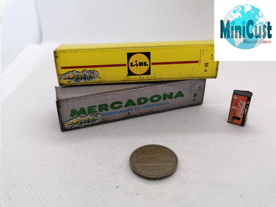 2 Container 40ft LIDL MERCADONA & 1 Vending machine, Artisan Handmade. N gauge railways , dioramas, gifts, cakes.