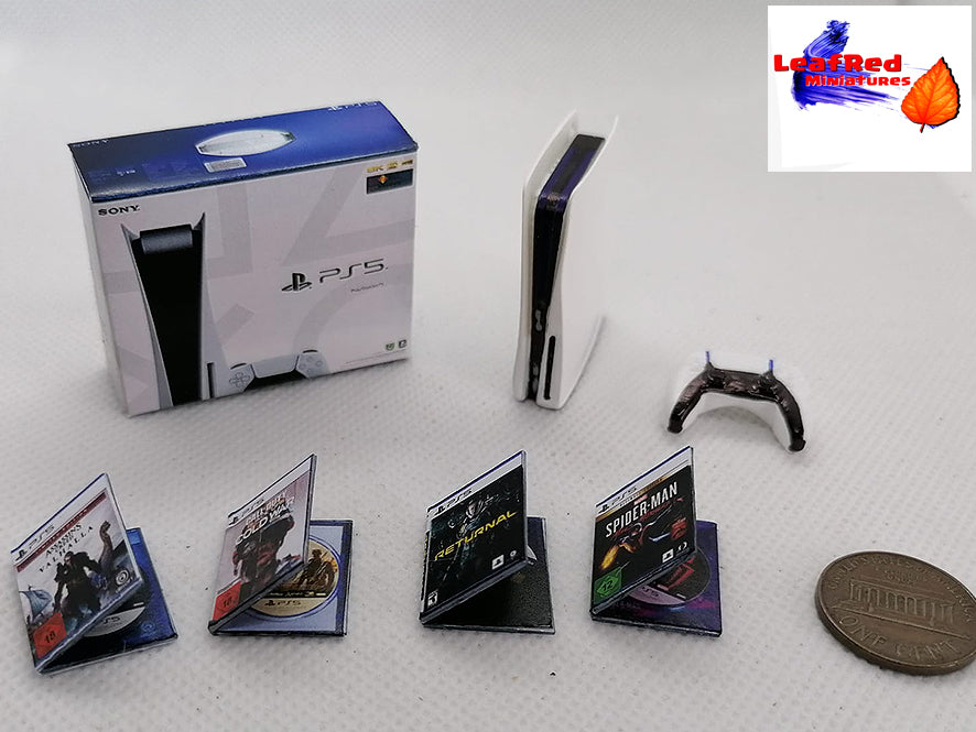 PS5 Fan Art Miniature console with 1 controllers and box. Miniature 3D