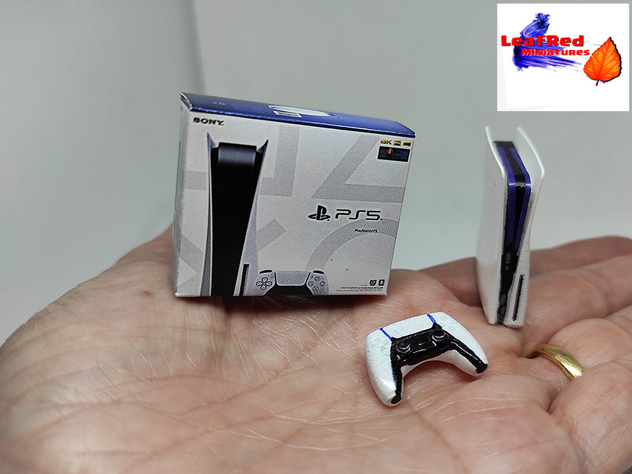 PS5 Fan Art Miniature console with 1 controllers and box. Miniature 3D