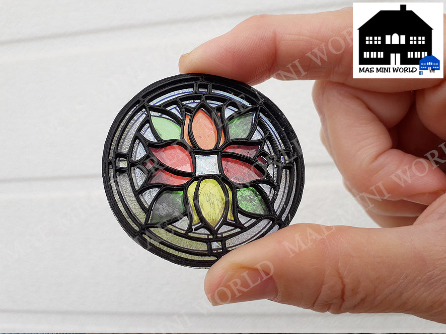 Miniature ROUND Stained Glass window TULIPS. Mini Stained Glass Dollhouse. Custom size. dioramas, Scenes, gifts, cakes, desk decoration.